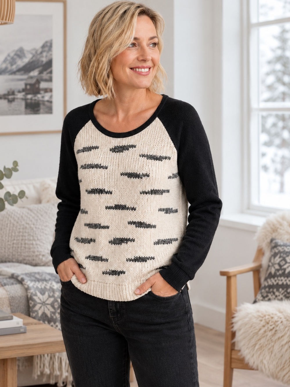 Maison Scotch Alpaca Blend Sweater Size 2 Medium Black Cream Cozy Quiet Luxury